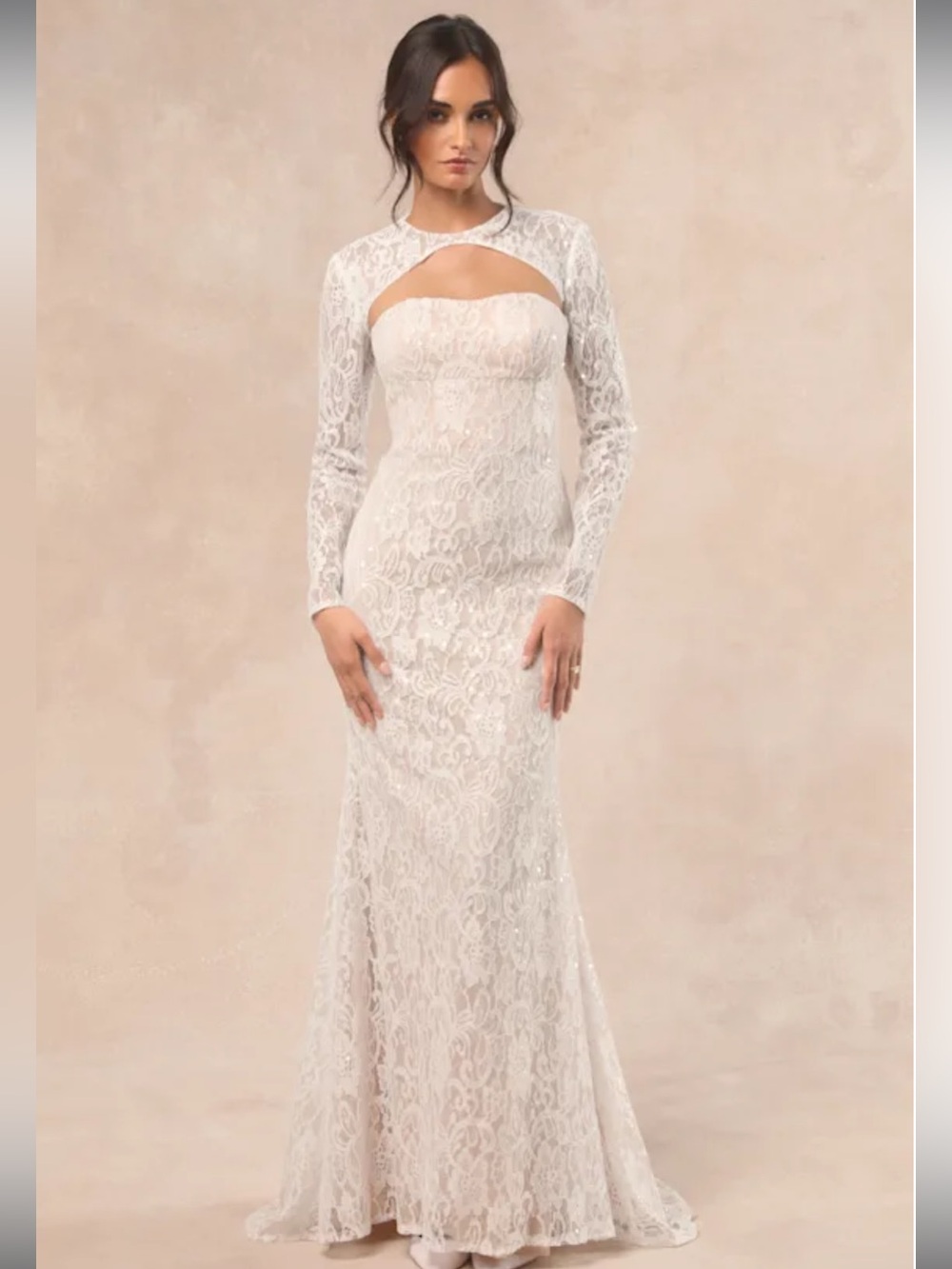 NWT-Neska White and Beige Lace Maxi Dress - no Shrug